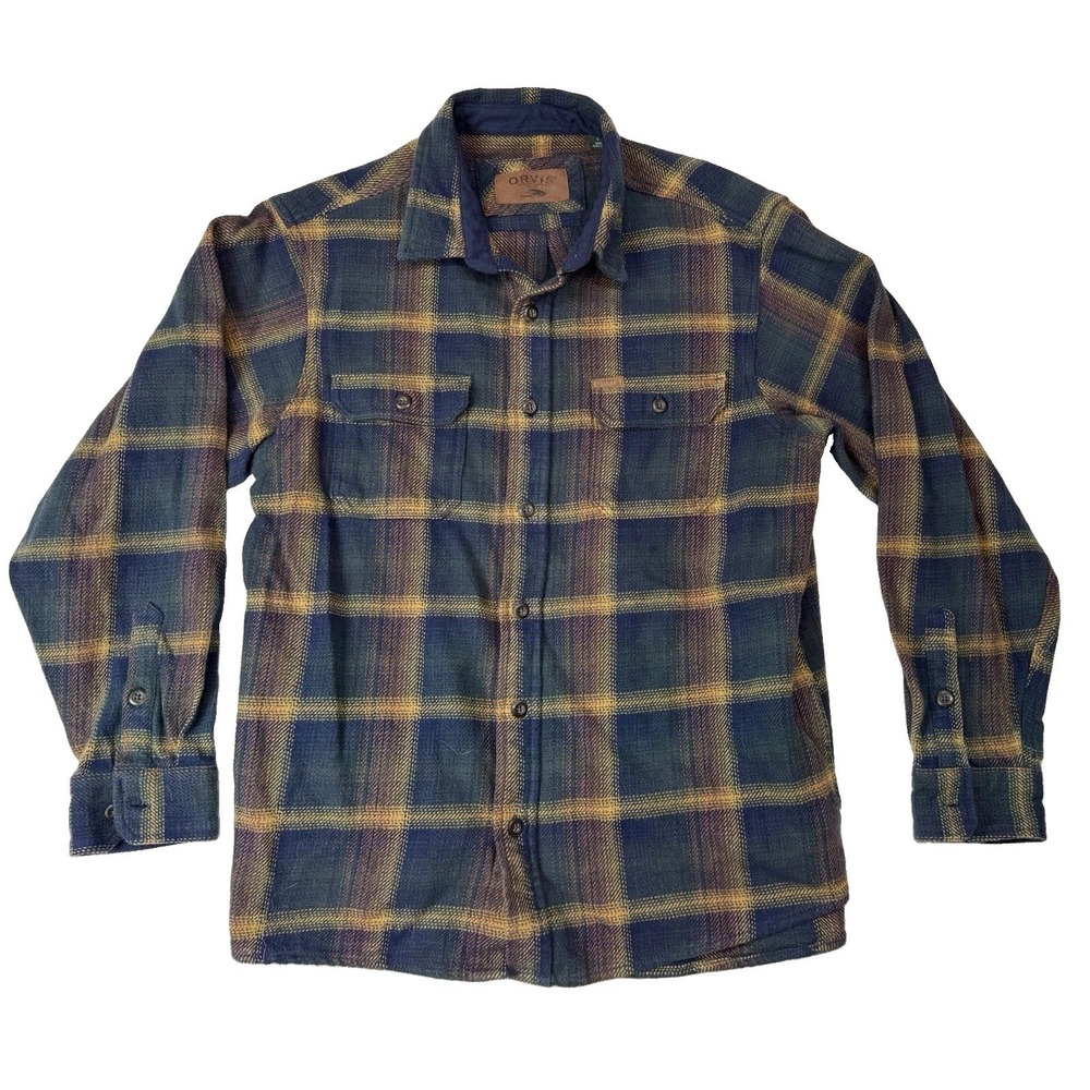 Orvis Flannel Shirt Mens Large Blue Plaid Brushed Cotton Heavyweight Pockets